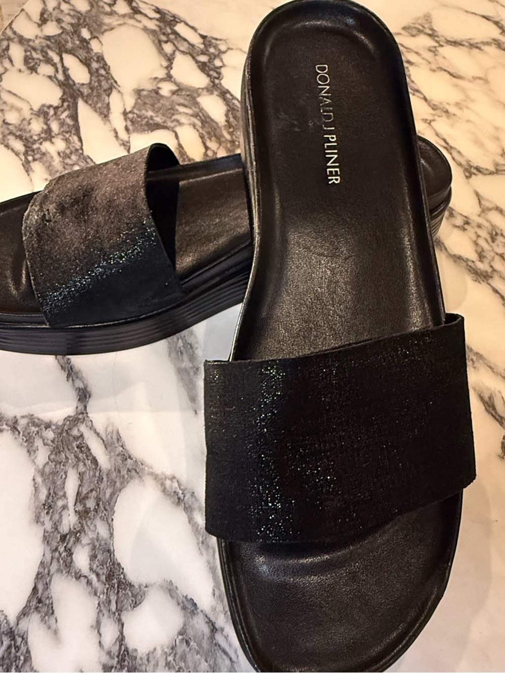 Donald Pliner Fiji Black Metallic Shimmer Platform Slide Wedge Sandals Size 9M